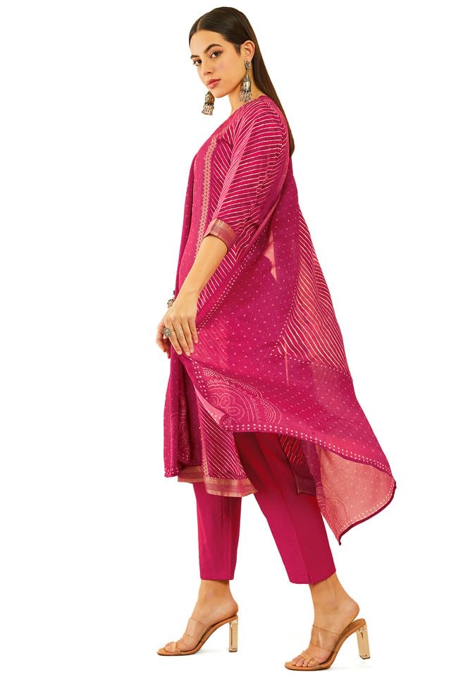 Soch Womens Fuchsia Brocade Bandhani Printed Suit Set with Mirror Work