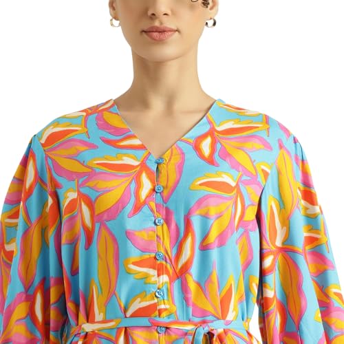 United Colors of Benetton Regular Fit V-Neck Floral Print Dress (Size: M) - 26P4WVNDR349I902 Blue