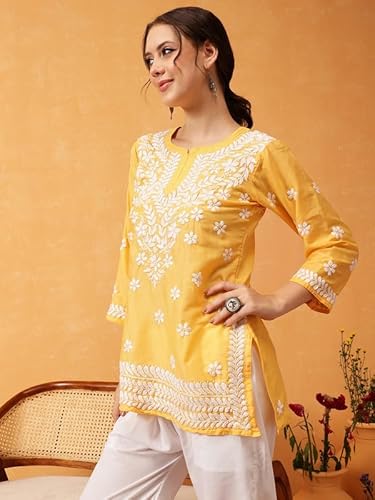 Ada Women Muslin Regular Hand Embroidered Lucknowi Chikankari Straight Top Tunic Short Kurti A911423 Yellow (XL)