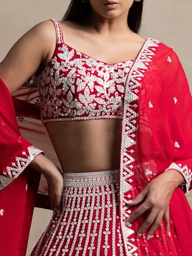 Zeel Clothing Women's Sequins Thread Embroidered Georgette Designer Lehenga Choli with Dupatta (5122-Red-Womens-Lehenga-Choli-Latest; Free Size) (Red)
