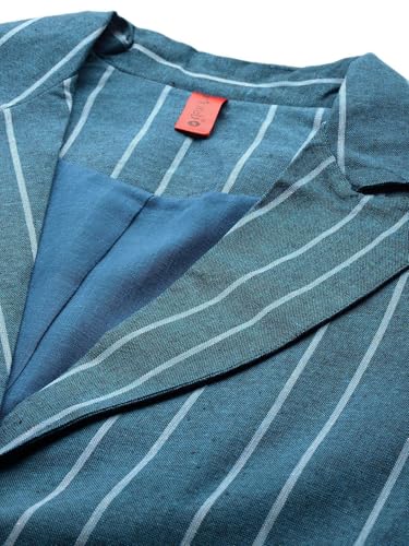 Cottinfab Women Blue & White Striped Single-Breasted Pure Cotton Blazer