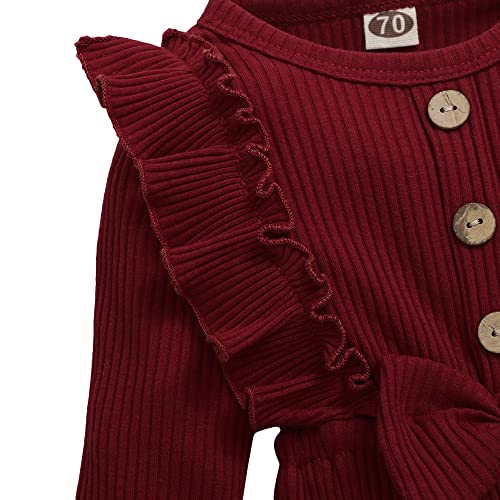 Hopscotch Baby Girls Polyester And Spandex Solid Bow Applique Bodysuit Suit Set in Burgundy Color For Ages (9-12 Months)