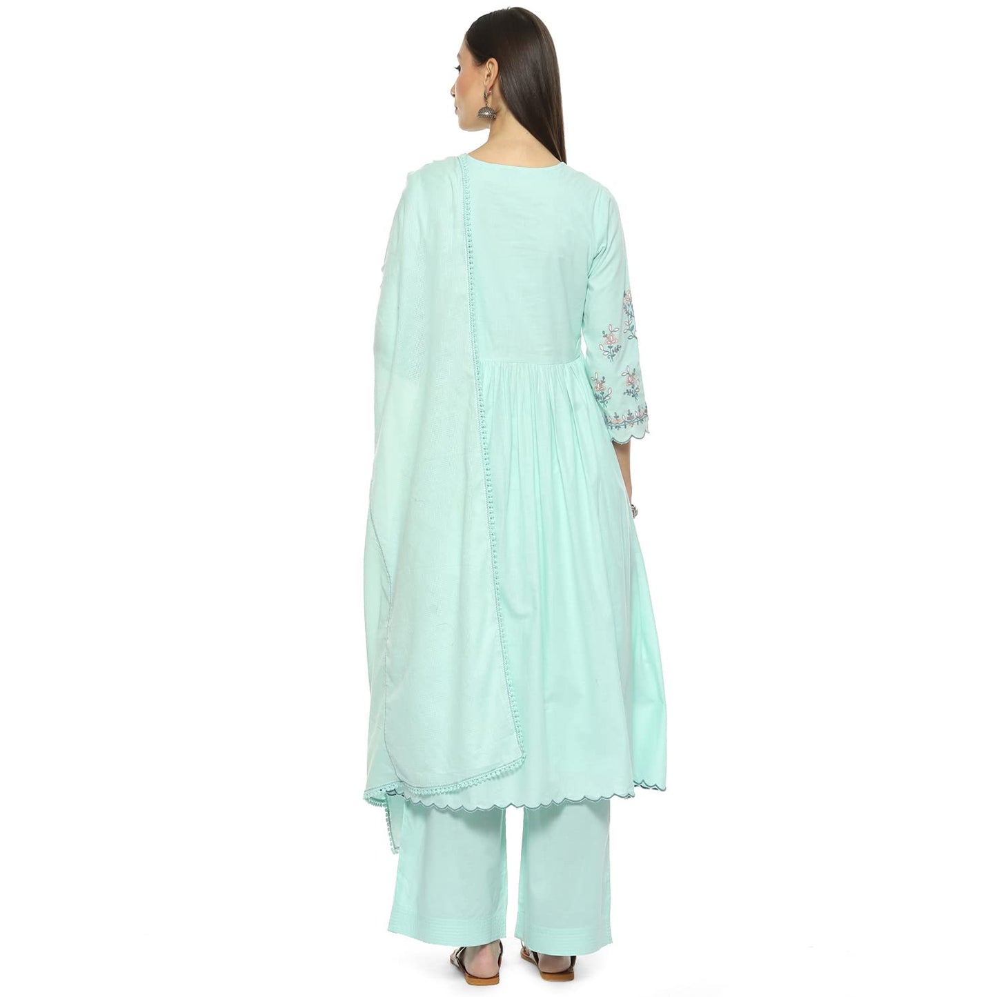 BIBA WOMEN EMBROIDERY STRAIGHT SALWAR KURTA DUPATTA(SKDPHULWARI8666_AQUA_38)