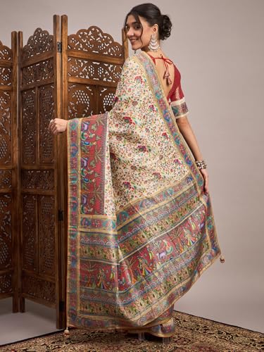 AKHILAM Women's Cream Viscose Silk Ethnic Motif Printed Saree With Unstitched Blouse Piece (MSTANI159B_HS)