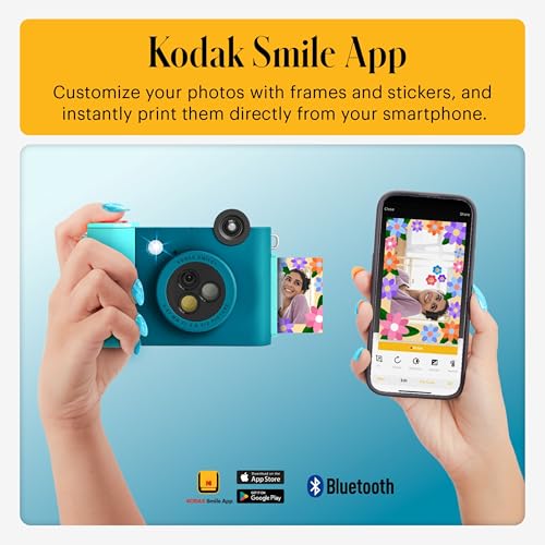 KODAK Smile+ 2-in-1 Digital Instant Camera & Photo Printer Starter Bundle - Deluxe Case + Zink 20pk Paper - 10MP, Rotating Lens - Blue