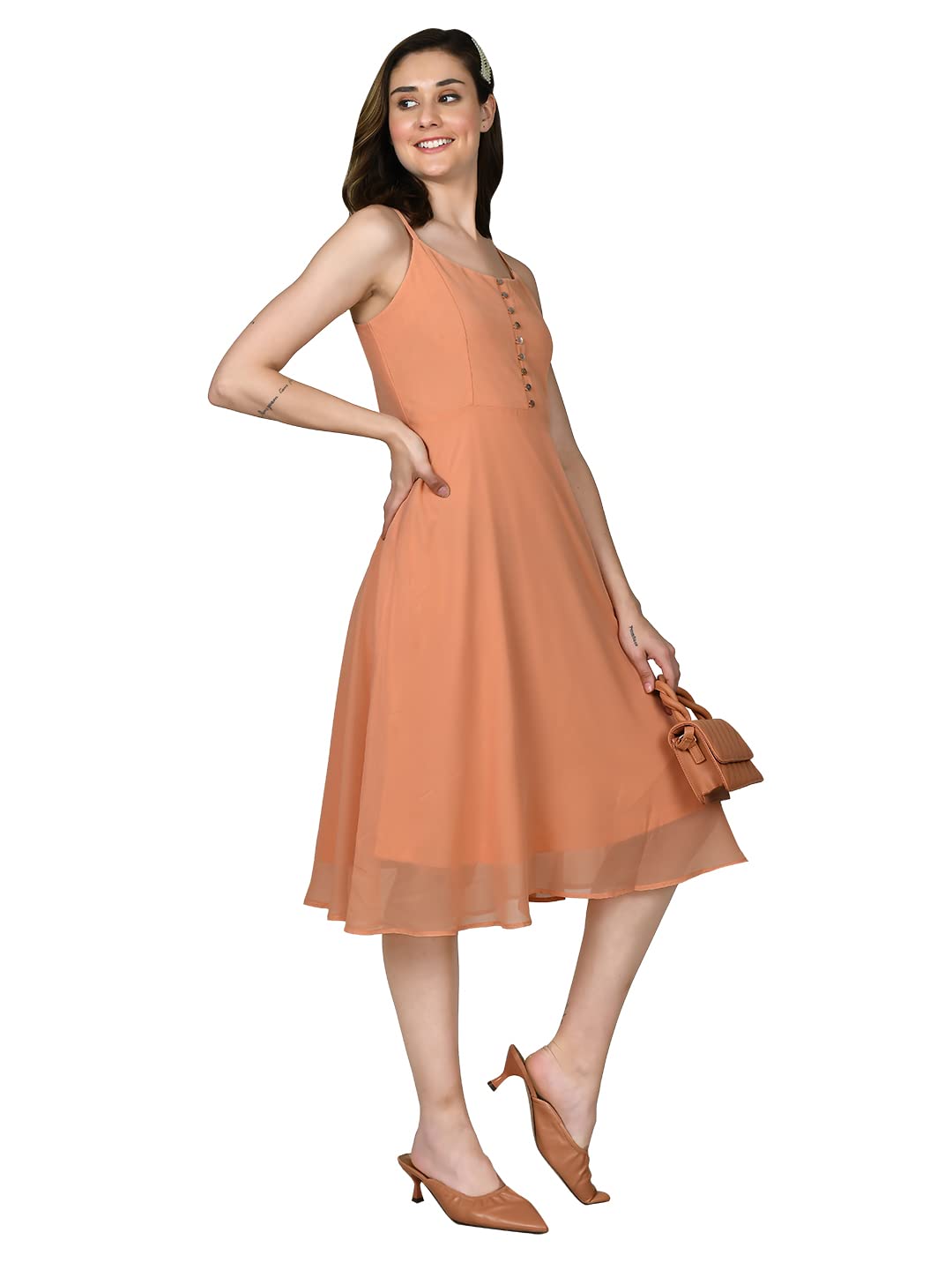 Zink London Women's Orange Solid A-Line Midi Dress