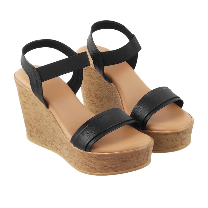 tresmode Pagiri Women’s Black Wedge Sandals | Vegan Leather | TPR Sole in Size 2 UK / 35 EU