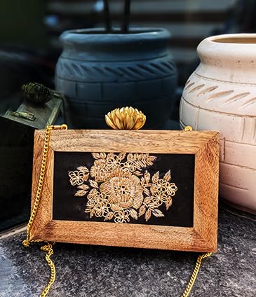 Handmade Crossbody Ethnic Wooden Clutch for Women – Unique Rose Embroidery, Latest Fashionable Purse for Any Outfit
