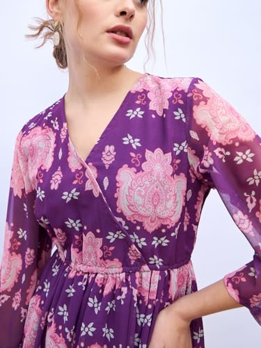 Women Long Sleeve Wrap Maxi Dress (Purple,L)