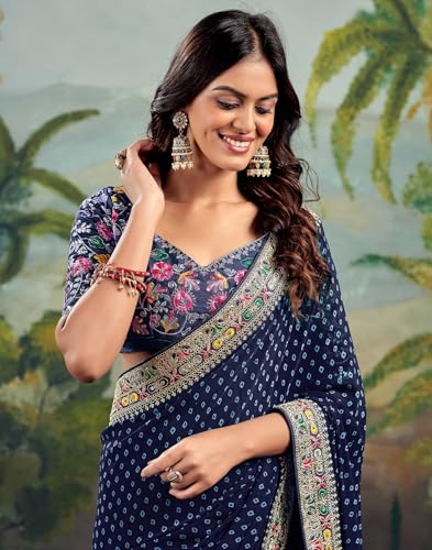 SIRIL Women's Georgette Bandhani Sequence Embroidery Saree With Unstitched Blouse Piece (4115S906_Blue)