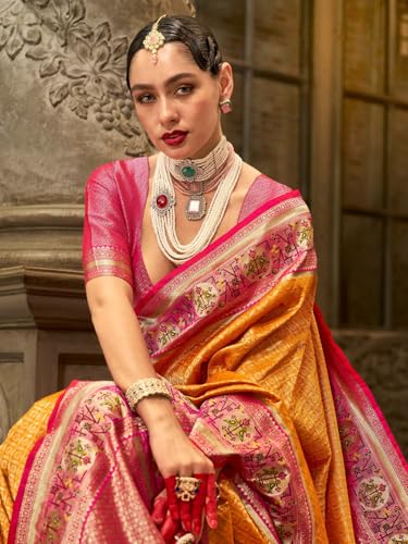 AKHILAM Women's Mustard Silk Blend Ethnic Motif Printed Saree With Unstitched Blouse (CHNDNA508_RW)