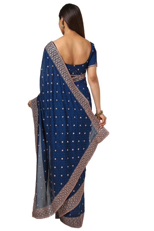 Soch Womens Navy Blue Floral Zari Embroidered Tussar Saree With Stone Work