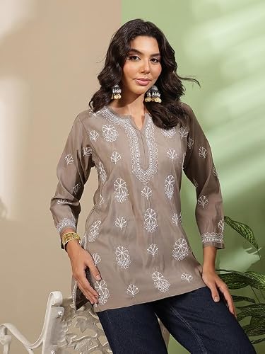 Ada Hand Embroidered Lucknowi Chikankari Chanderi Short Kurti Top Tunic for Women A911562 Stone Brown (3XL)