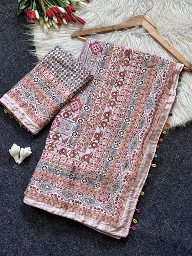 SHANTVAN GALLERY Roman Silk Position Print Saree for Women with Real Mirror Work | Designer Digital Print Women Saree with Piping Border, Kodi Latkan & Unstitched Blouse Piece