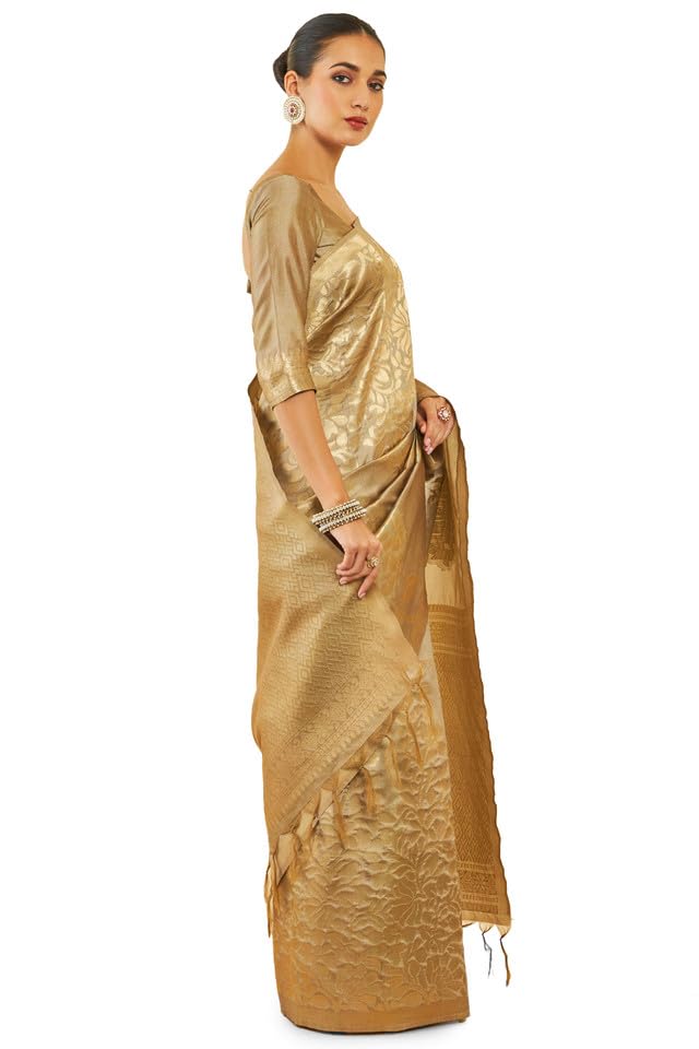 Soch Womens Beige Tussar Silk Saree With Zari Woven Floral And Foliage Designs