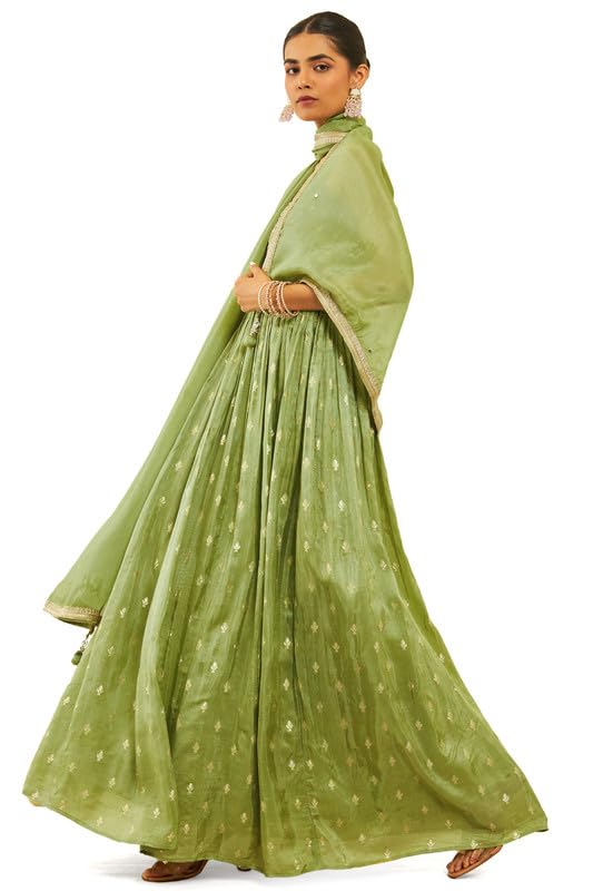 Soch Womens Green Organza Woven Design Ethnic Gown with Mirrors