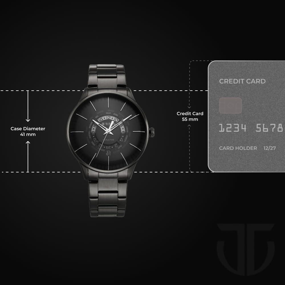 Titan Quartz World Time with Date Black Dial Black Stainless Steel Strap Watch for Men - NT90145NM01