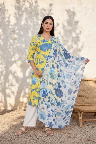 W for Woman Floral Watercolor Chiffon Dupatta - Blue (W82621-122025-FS)
