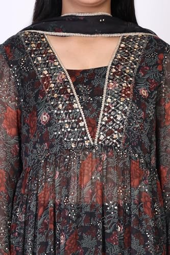 W for Woman Black Floral Printed Chiffon Flared Kurta with Straight Pant and Dupatta Set (WS13197-126216-L)