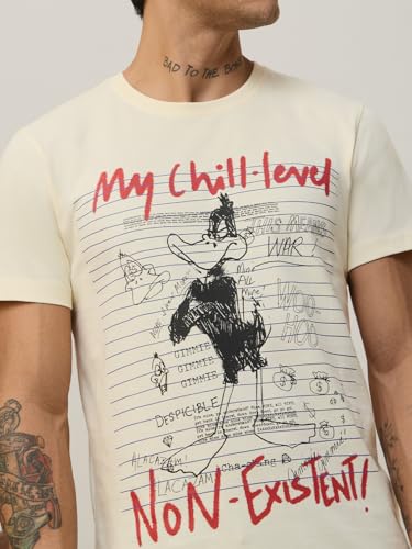 The Souled Store Looney Tunes: My Chill Level Men and Boys Short Sleeves Round Neck Off White Graphic Printed Casual Lightweight Streetwear Trendy T-Shirts