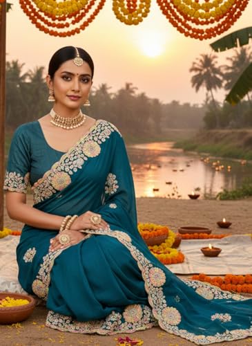 Glory Sarees Women's Silk Georgette Embroidery Work Saree With Blouse Piece (LF853_Teal)