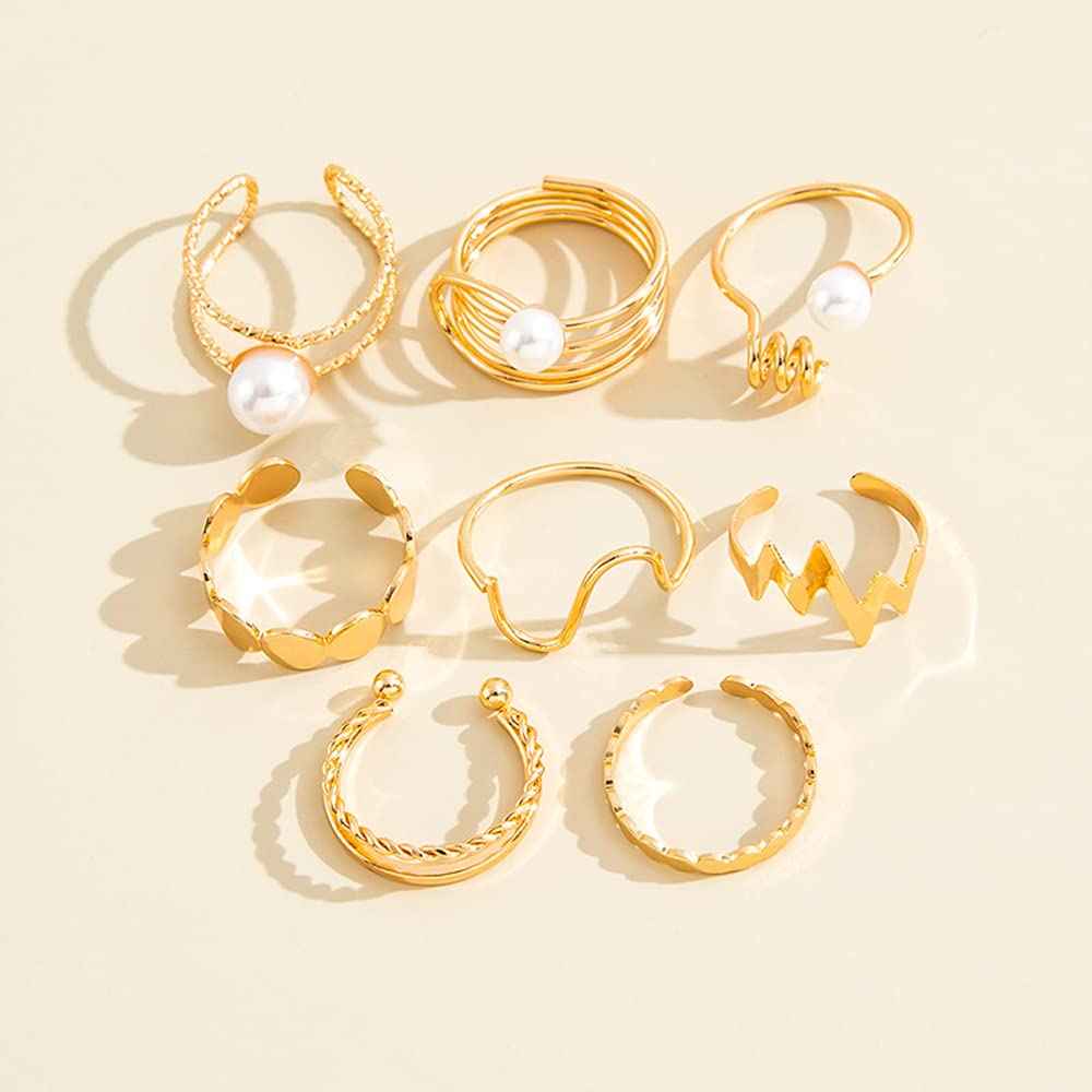 Shining Diva Fashion 8pcs Stylish Pearl Rings for Women and Girls (Golden) (14772r)