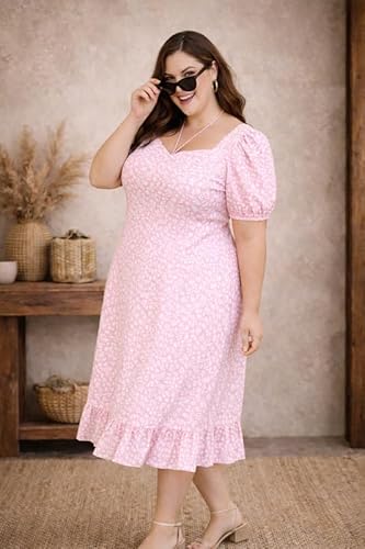 PrettyPlus by Desinoor.com Plus Size Pink Floral Dress | Midi Dress for Women | Stylish Long Women Western Frock | Knee Length Midi | Fit & Flare Solid Desk to Dinner Dress | Dresses for Girls
