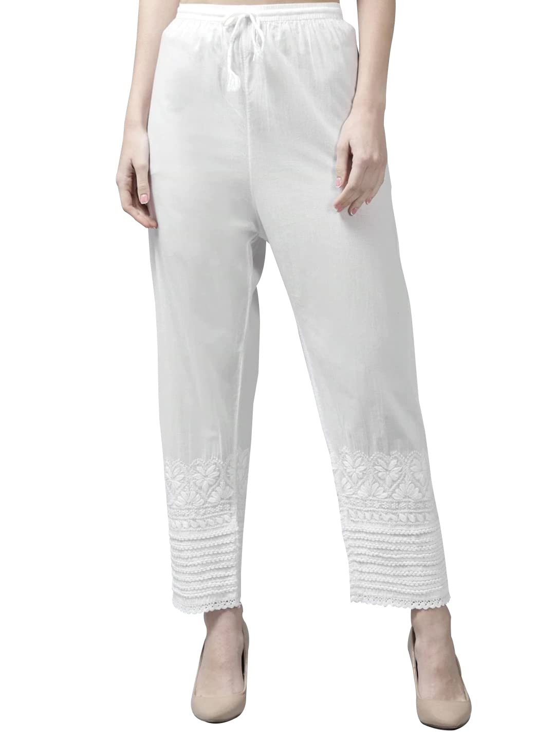 Ada Women Regular Low Rise Hand Enmbroidered Lucknowi Chikankari Pure Cotton Palazzo A711151 (White, S)