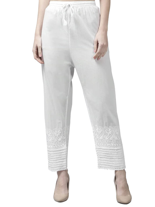 Ada Women Regular Low Rise Hand Enmbroidered Lucknowi Chikankari Pure Cotton Palazzo A711151 (White, S)