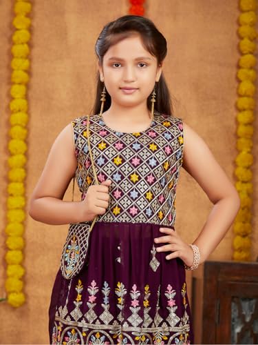 Aarika Girls Ethnic Wear Purple Colour Thread Sequin Embroidery Georgette Kurti Patiala Set With Sling Bag (4-10 Years)