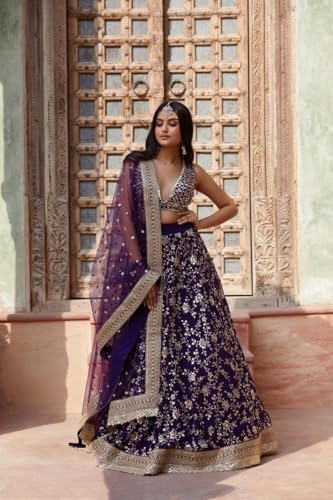 JIHU CULTURE Women's Purple Sequins Embroidered Georgette Semi-Stitched Lehenga Choli