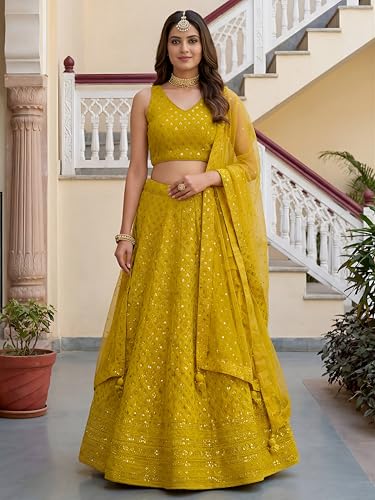Zeel Clothing Women's Sequins Thread Embroidered Georgette Lehenga Choli With Dupatta (5124-Yellow-Women-New-Lehenga-Choli; Free size) (Yellow)