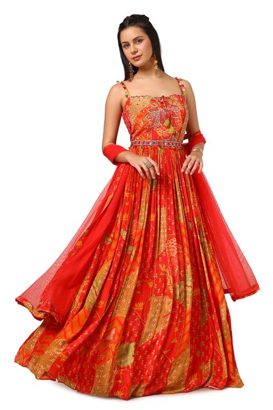 Soch Womens Red Crepe Floral Print Gown with Mirror Work
