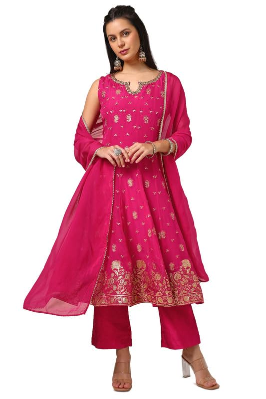 Soch Womens Fuchsia Organza Zari Woven Suit Set With Gotta Patti