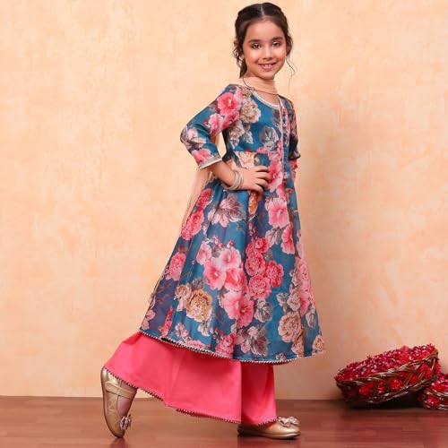 Biba Girls Modal Teal and Pink Floral Printed Flared Festive Suit Set, 9-10 Y