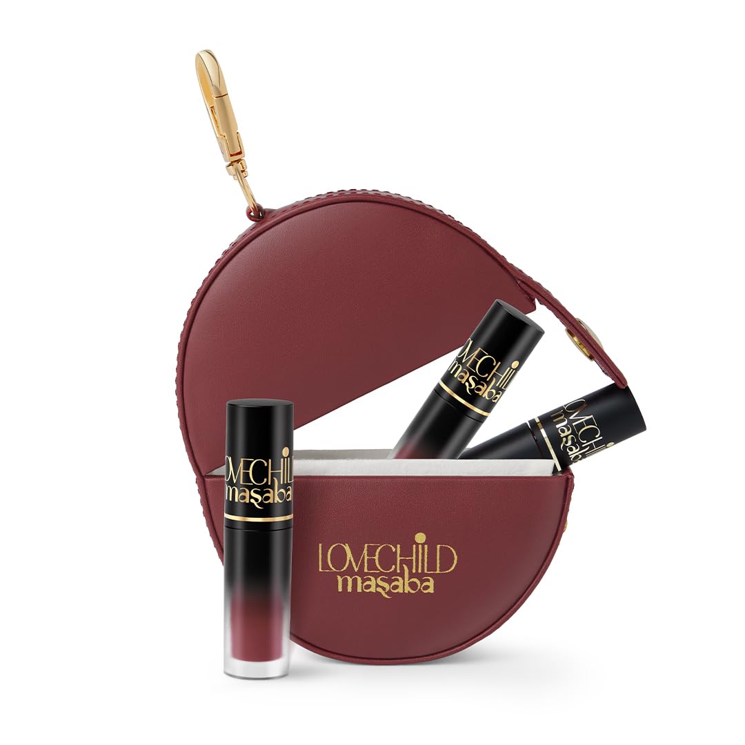 LoveChild Masaba Pocket Liquid Lipstick, Pack of 3 Transfer-Proof, Hydrating Matte Shades with Free Pouch, Hyaluronic Acid, Jojoba Oil & Vitamin E for Long-Lasting, Nourished Lips, Combo 2, 5.4ml