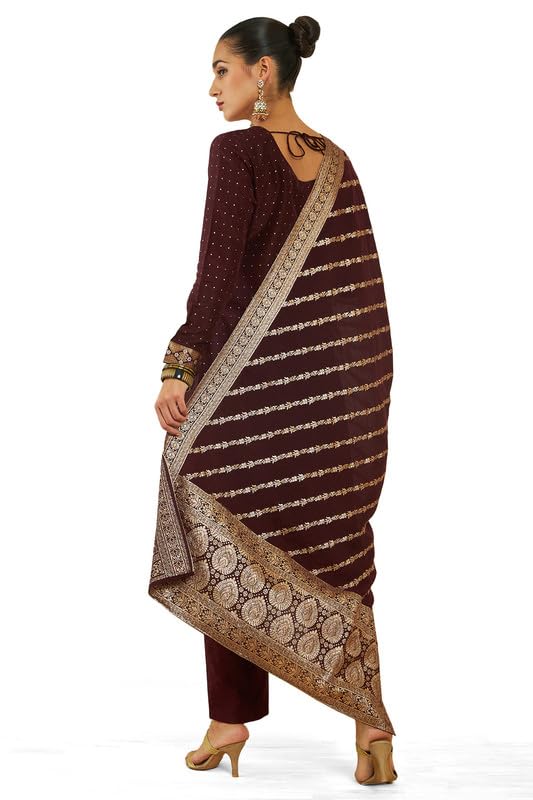 Soch Womens Maroon Silk Suit Set with Zari and Zardosi Embroidery