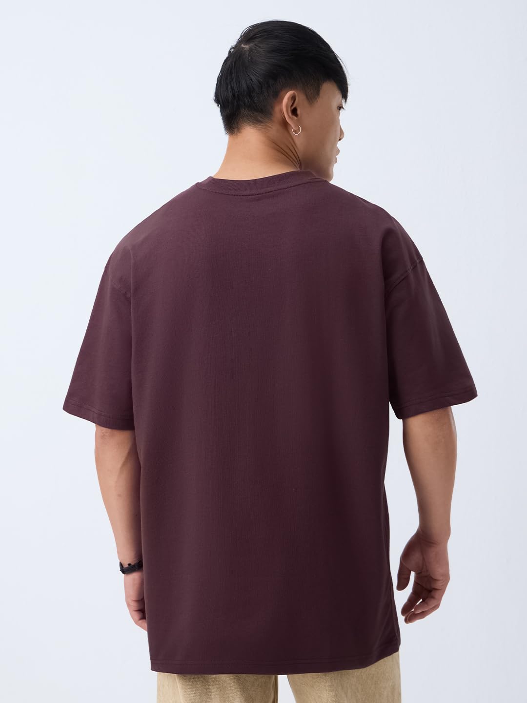 The Souled Store Overthinker's Club Men and Boys Short Sleeves Round Neck Burgundy Embellished Casual Drop Shoulder Streetwear Cotton Oversized T-Shirts
