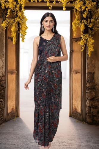 W for Woman Black Floral Printed Sequined Pre-Draped Georgette Saree with Blouse - (WS13896-127633-XL)