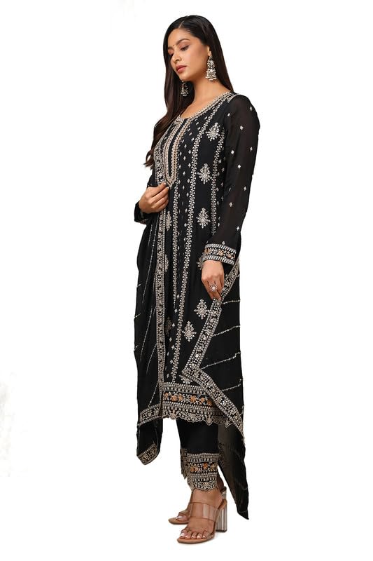 Soch Womens Black Chinon Embroidered Anarkali Suit Set With Sequins