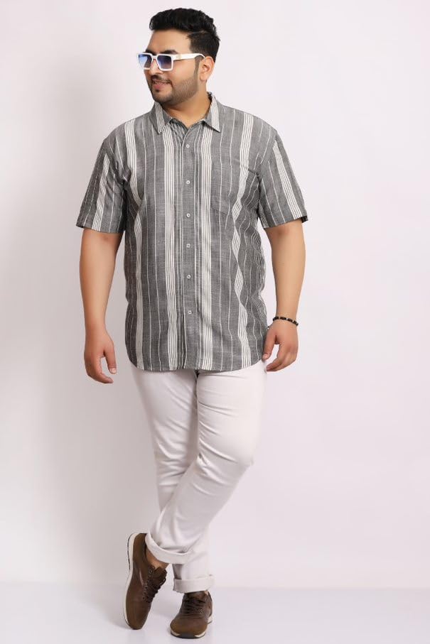 Plus Size White &Black Half Sleeve Cotton/Linen Shirt with Patch Pocket (7XL)