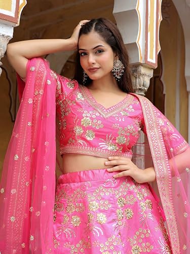 Zeel Clothing Women's Zari and Sequins Embroidered Art Silk Lehenga Choli for Women (7028-Pink-Wedding-Bridal-Designer-Lehenga-Choli-Latest; Free Size) (Pink)