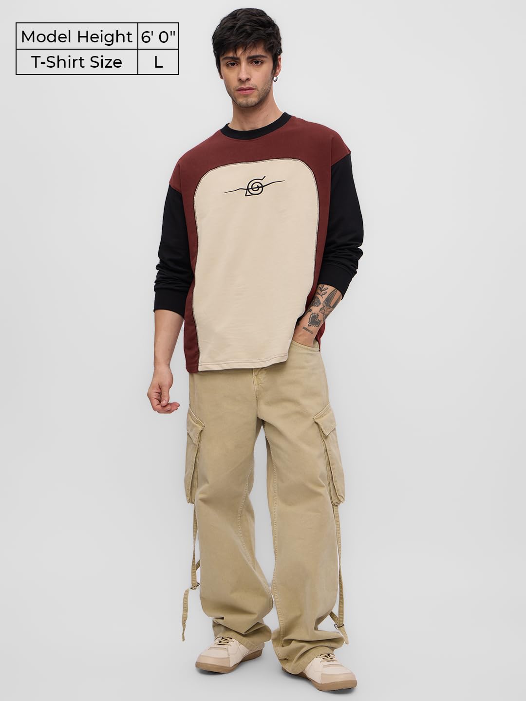 The Souled Store Naruto Shippuden: Konoha Leaf Rogue Men and Boys Round Neck Brown Colour Block Cotton Oversized Full Sleeve T-Shirts