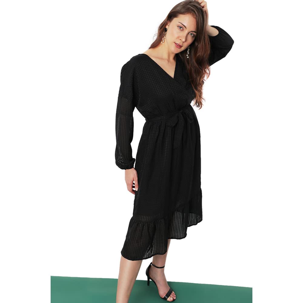 VERO MODA Printed Polyester V Neck Women's Midi Dress (Black,XL)