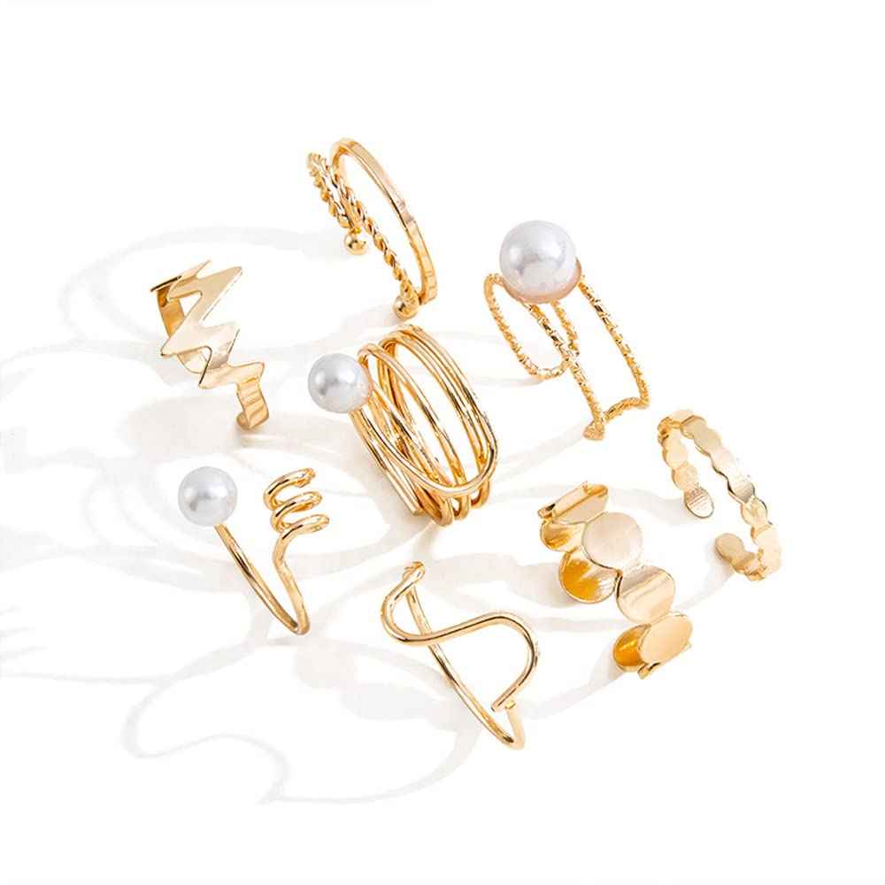 Shining Diva Fashion 8pcs Stylish Pearl Rings for Women and Girls (Golden) (14772r)