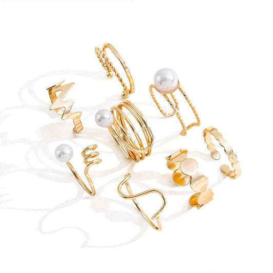 Shining Diva Fashion 8pcs Stylish Pearl Rings for Women and Girls (Golden) (14772r)