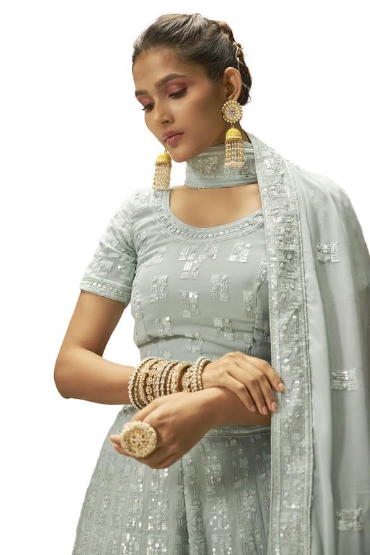 Soch Womens Powder Blue Georgette Geometric Pattern Sequin Embellished Unstitched Lehenga Set