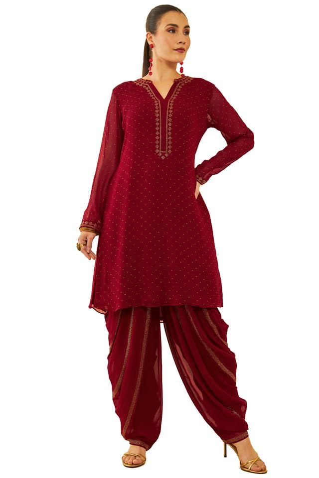 Soch Womens Red Georgette Stones Embellished Suit Set