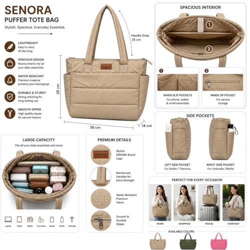 SENORA Quilted Tote Bag for Women | Nylon Tote Lightweight Padded Shoulder Handbag | Large Capacity Office, Travel & Daily Use Bag with Side Bottle Pocket & Zipper Closure (Cream)
