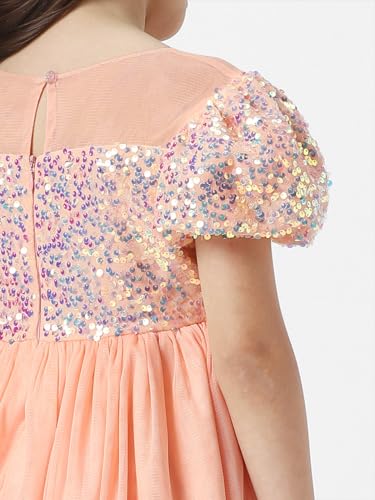 nauti nati Polyester Nautinati Girls' Round Neck Embellished Party Dress Knee-Length Casual NN321-524_Peach